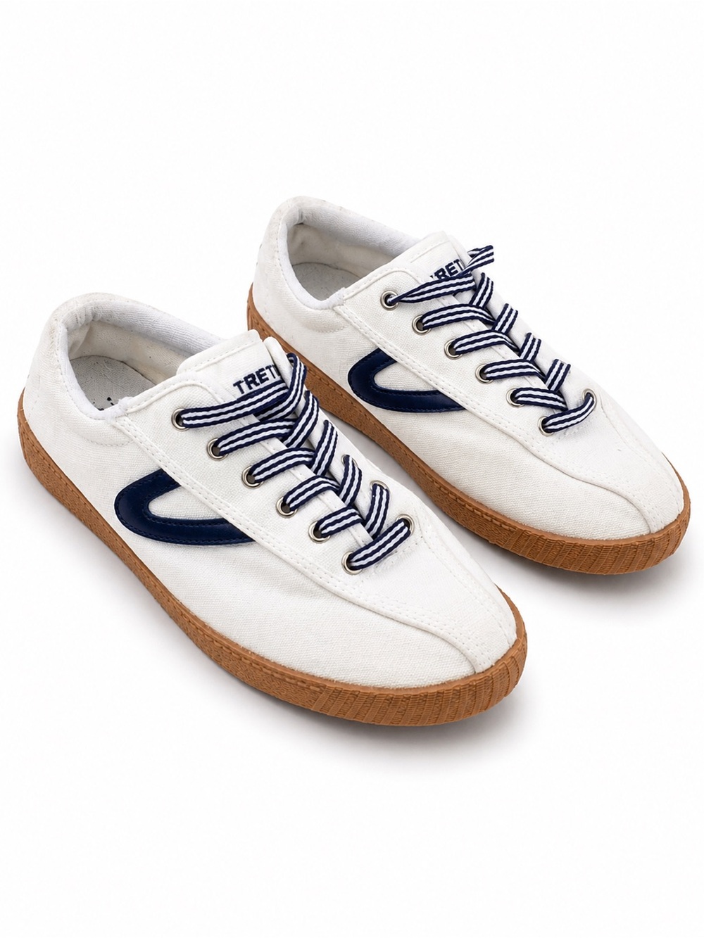 Tretorn White Canvas Sneakers Women’s Sz 10 Retro Tennis Shoes Blue Stripe Laces